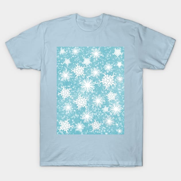 Sparkle Snowflake Pattern Design in Pastel Blue Background T-Shirt by Lobinha